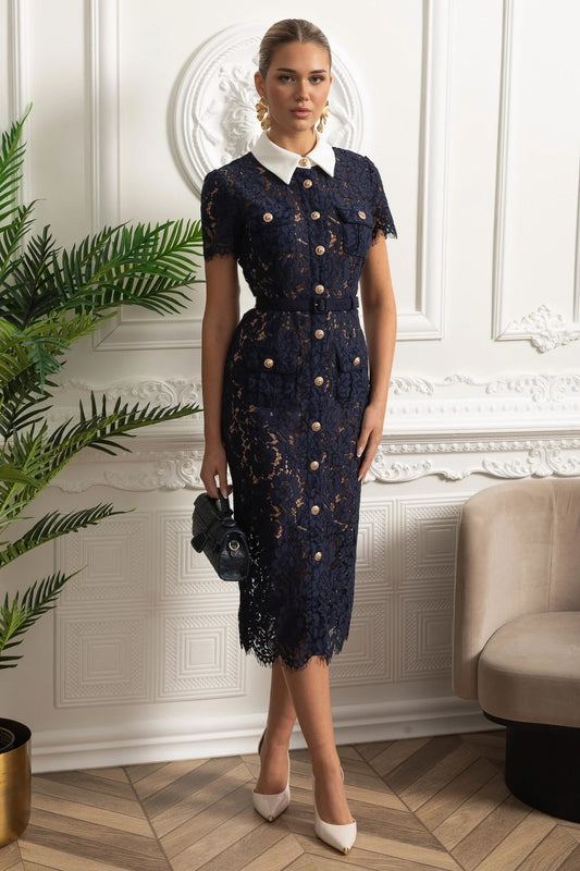 Floral Lace Shirt Collar Belted Pencil Midi Dress – Navy