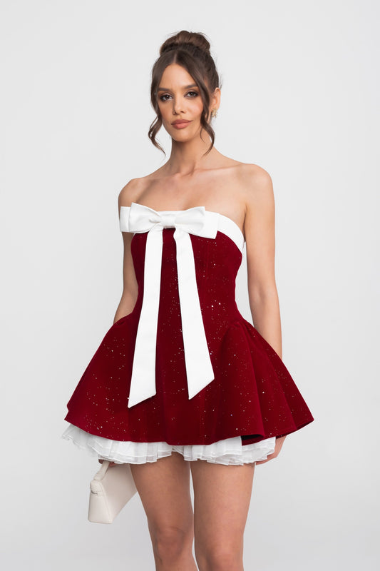 Strapless Velvet A-Line Mini Dress with White Satin Bow – Red – view 2