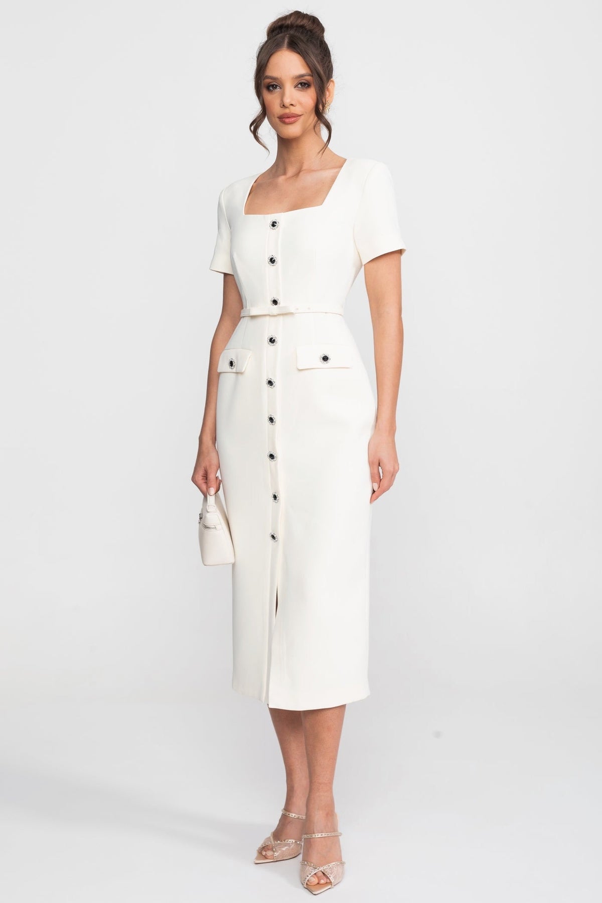 Square Neck Button-Through Crepe Midi Dress with Jewel Buttons – White