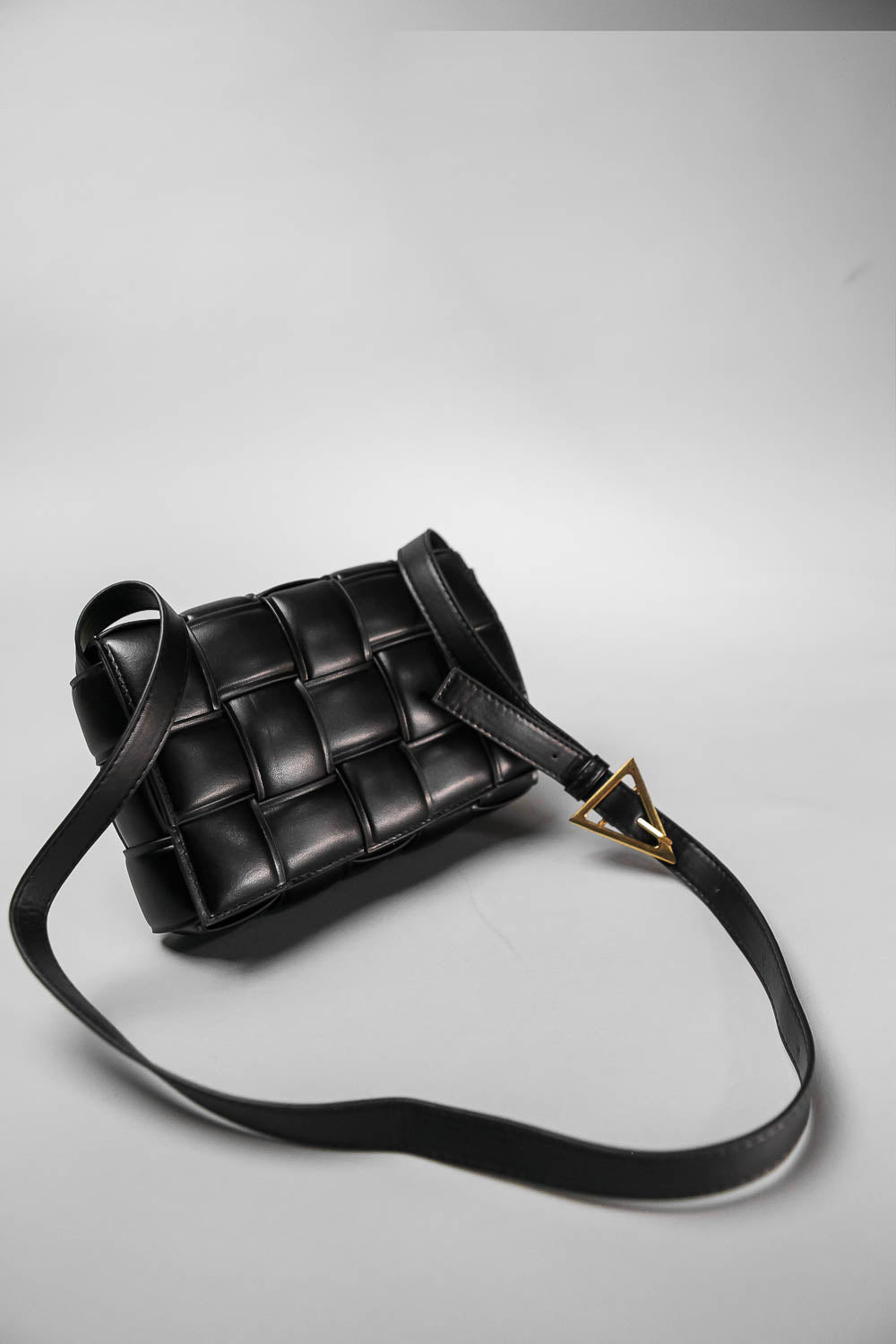 Geometric Vegan Leather Shoulder Bag with Gold Hardware – Black – view 2