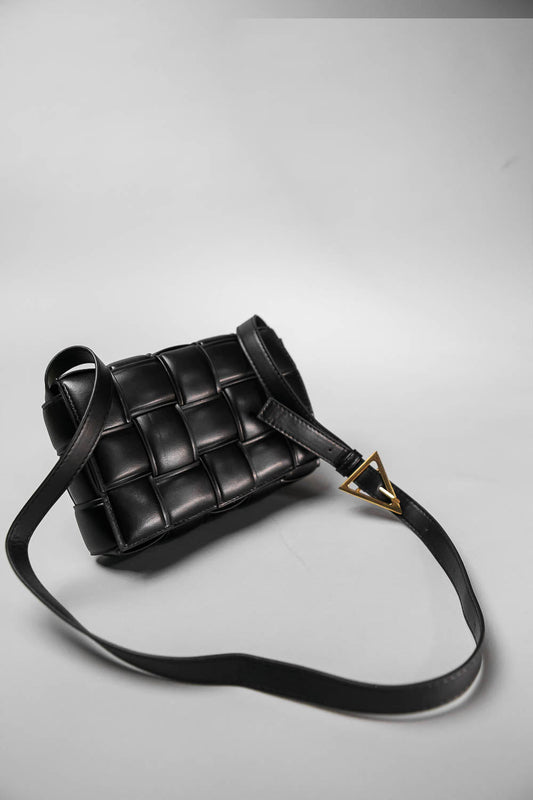 Geometric Vegan Leather Shoulder Bag with Gold Hardware – Black – view 2