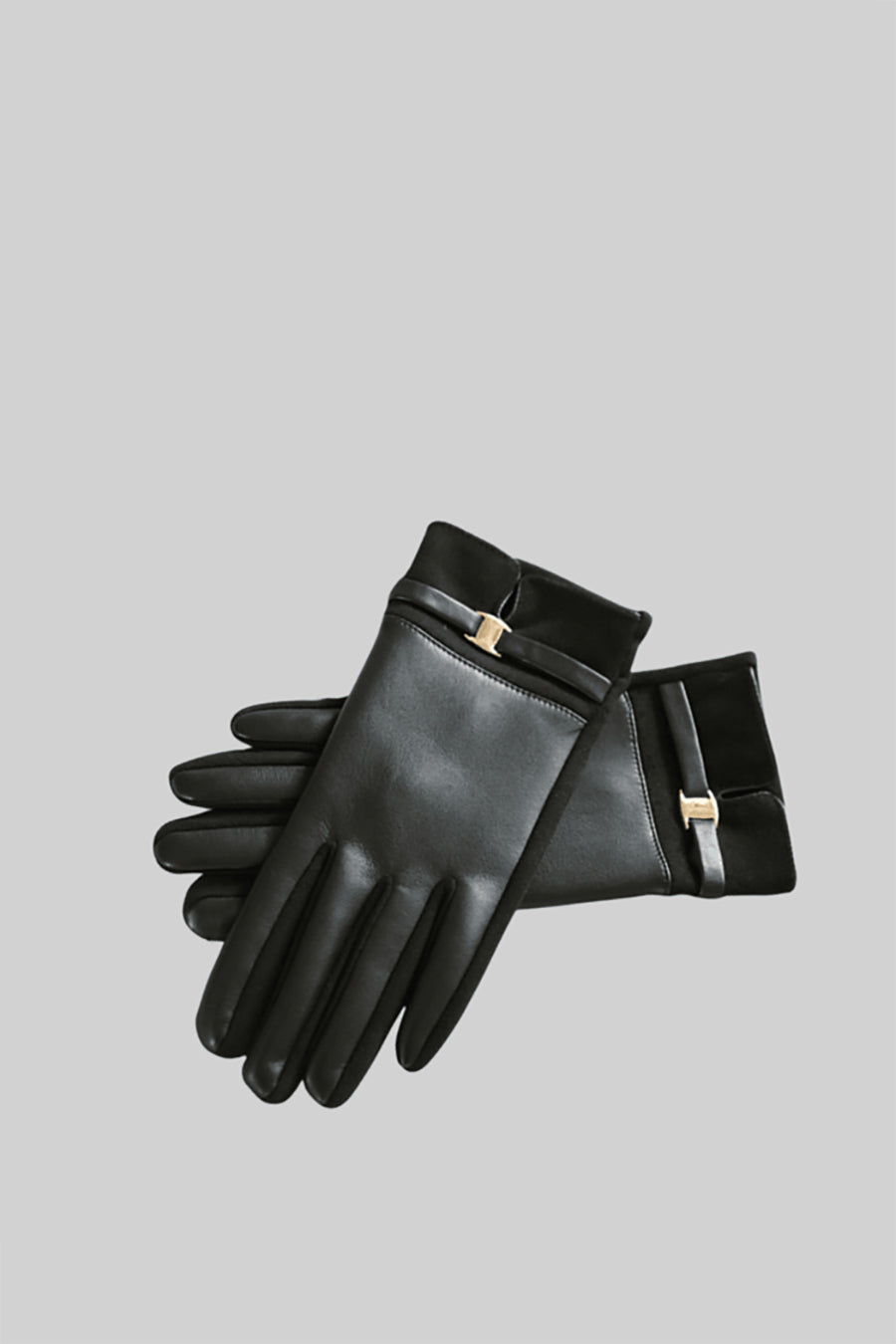 Vegan Leather and Faux Suede Gloves with Gold Buckle Detail – Black – view 5