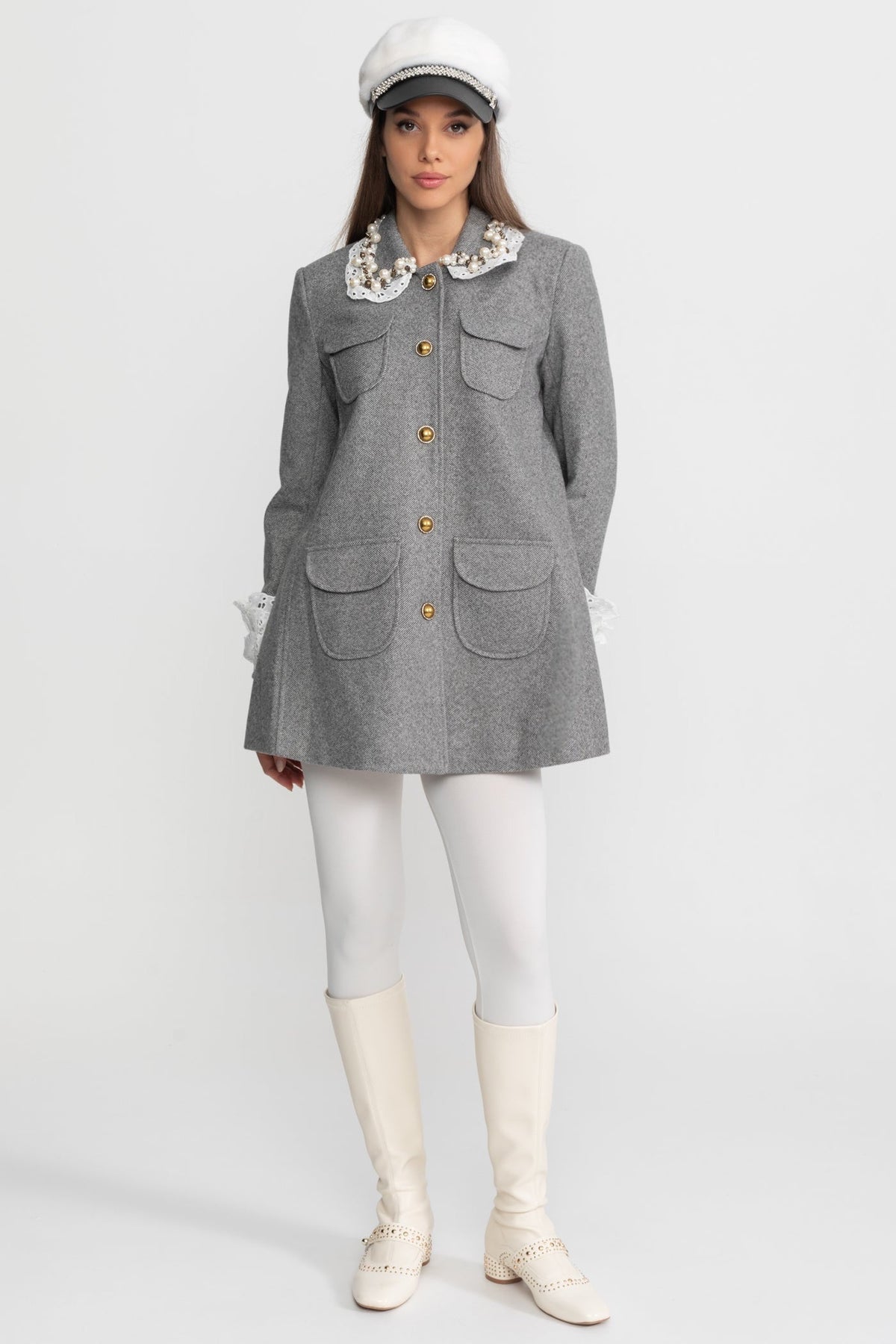 Flared Mini Coat with Pearl-Embellished Lace Collar – Grey