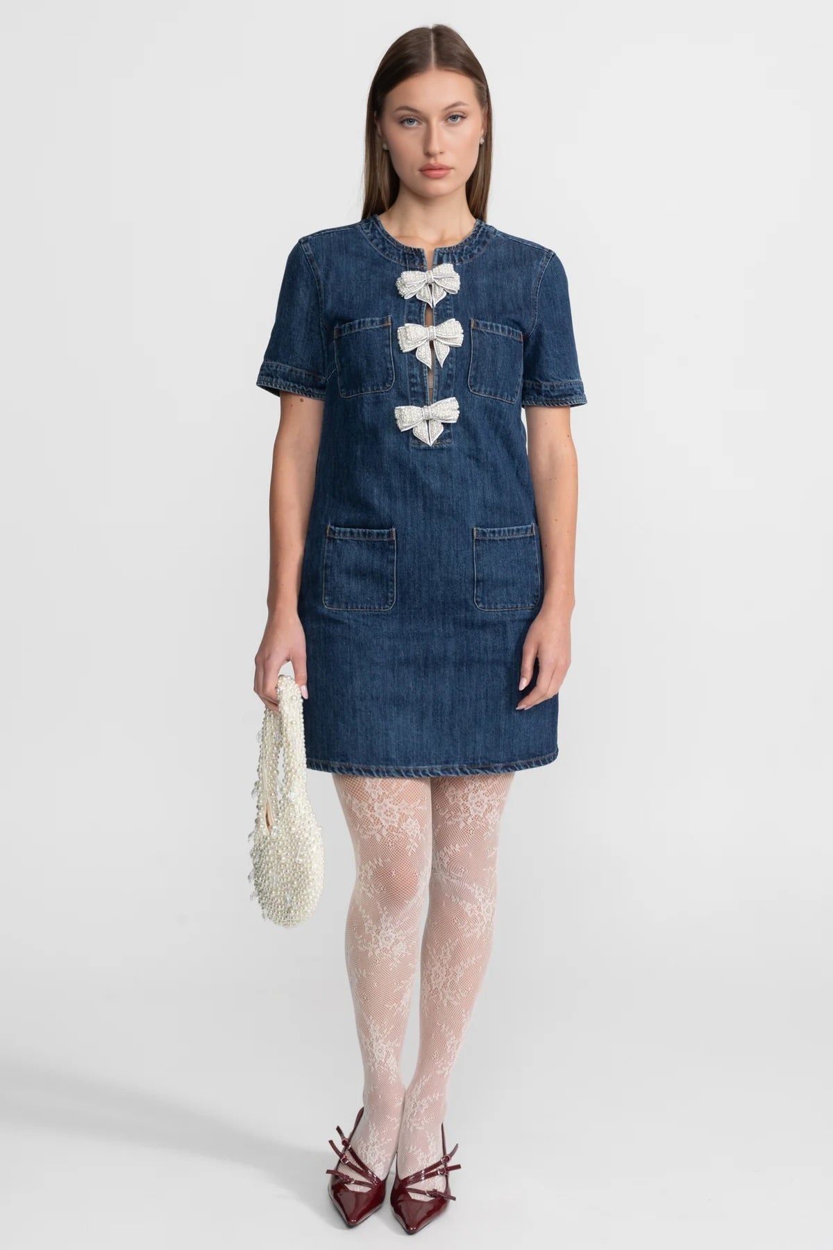 Short Sleeve Denim Mini Dress with Crystal Bow Appliqués – Dark Blue