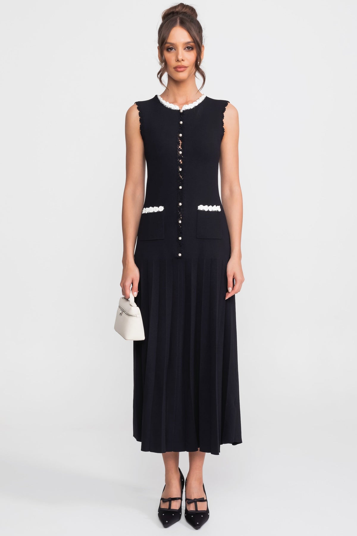 Sleeveless Knit Midi Dress with Pearl Trim and Pleated Skirt – Black