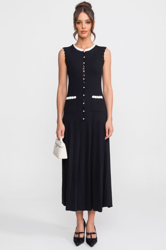 Sleeveless Knit Midi Dress with Pearl Trim and Pleated Skirt – Black