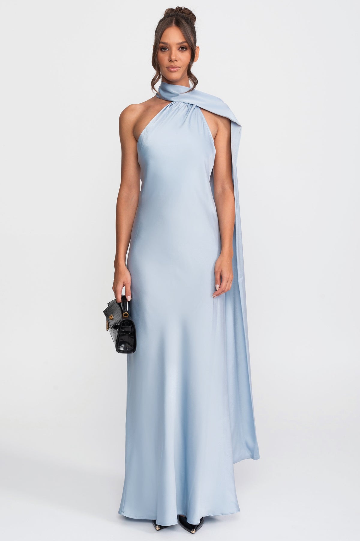 Twist Halter Satin Slip Dress with Asymmetric Neckline – Blue