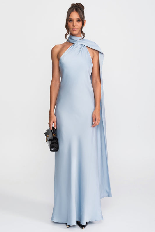 Twist Halter Satin Slip Dress with Asymmetric Neckline – Blue