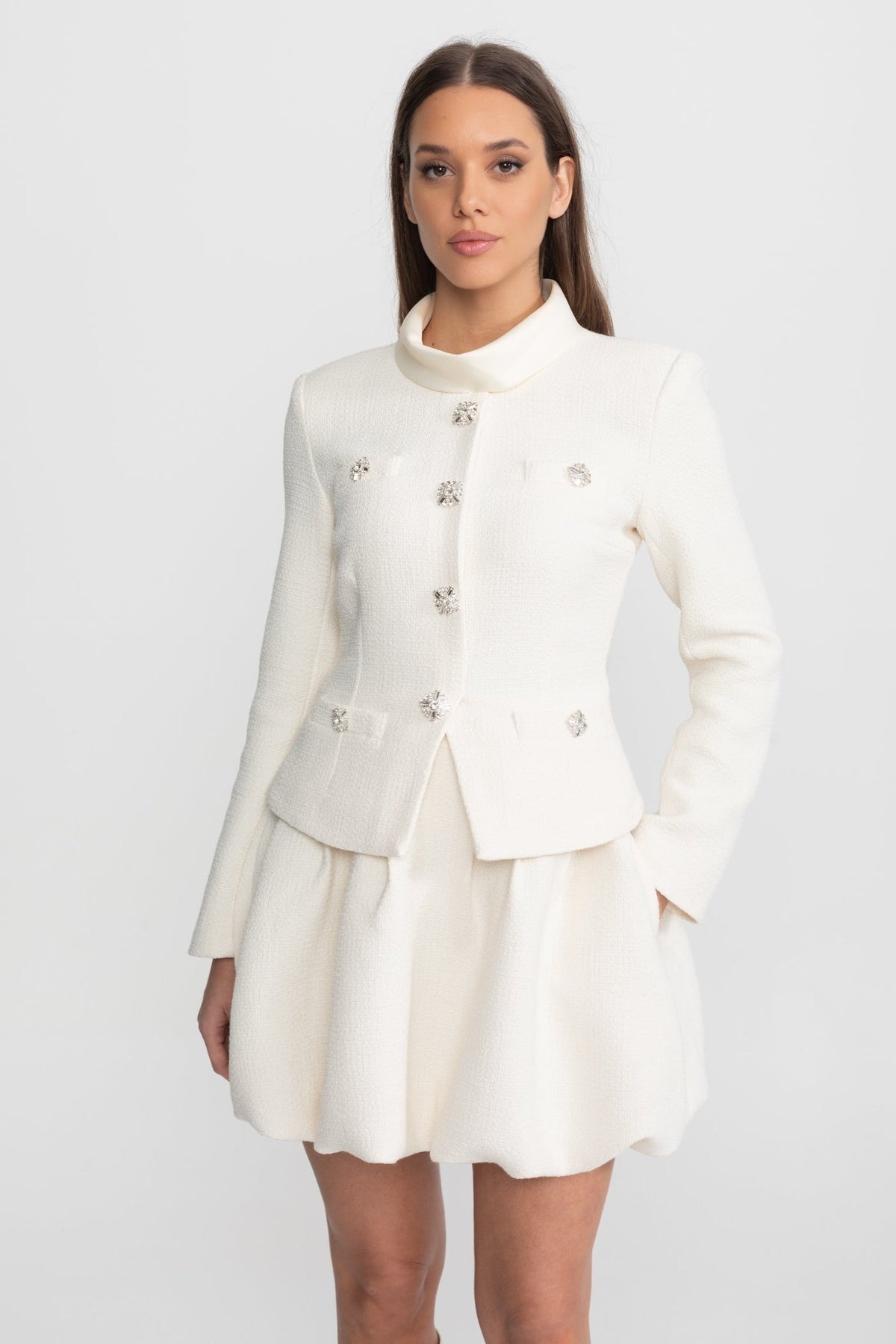 High Neck Long Sleeve Textured Mini Dress with Crystal Buttons – Ivory – view 2