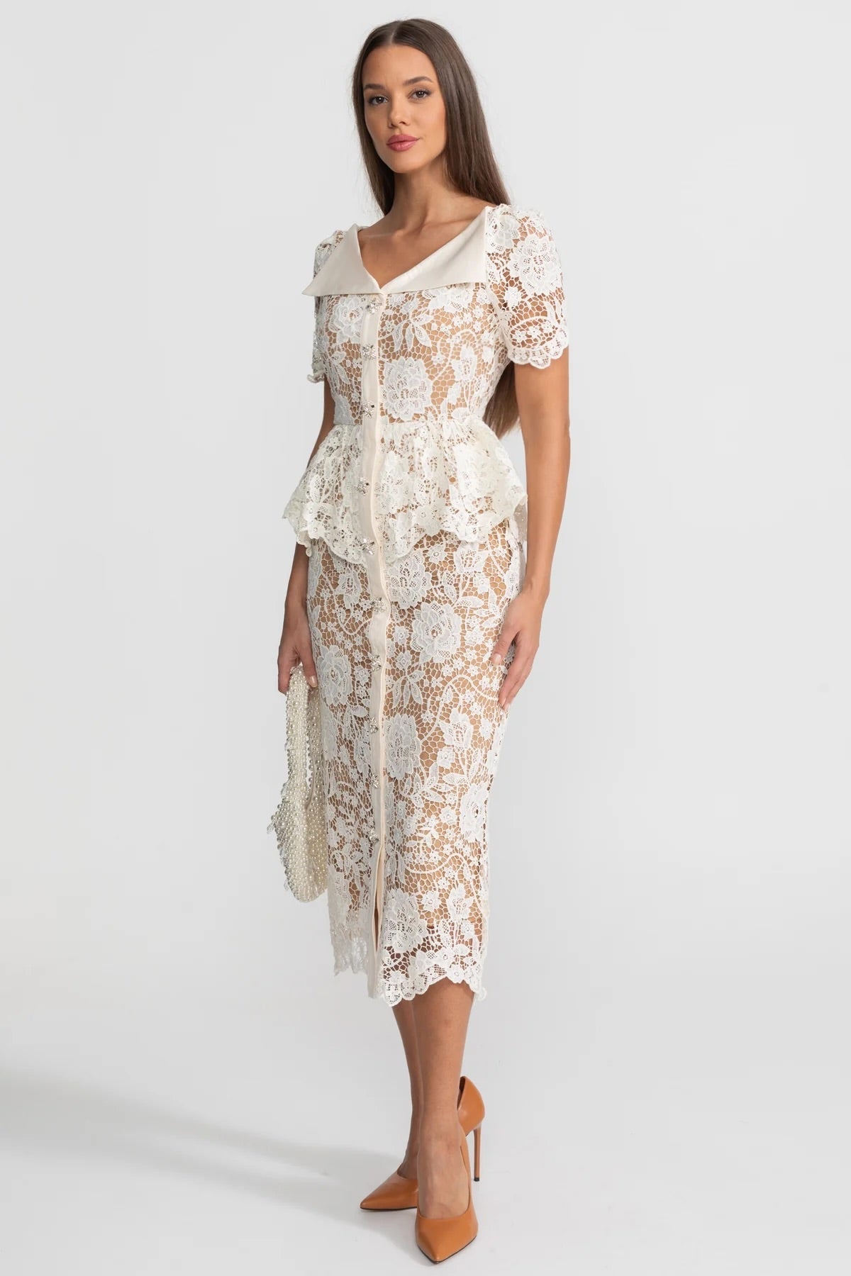 Lace Puff Sleeve Midi Dress with Peplum Waist and Satin Collar – Ivory