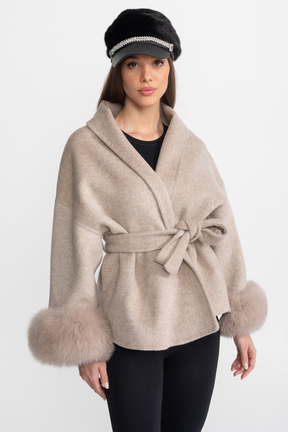 Wool Blend Wrap Jacket with Plush Cuffs – Beige – view 5