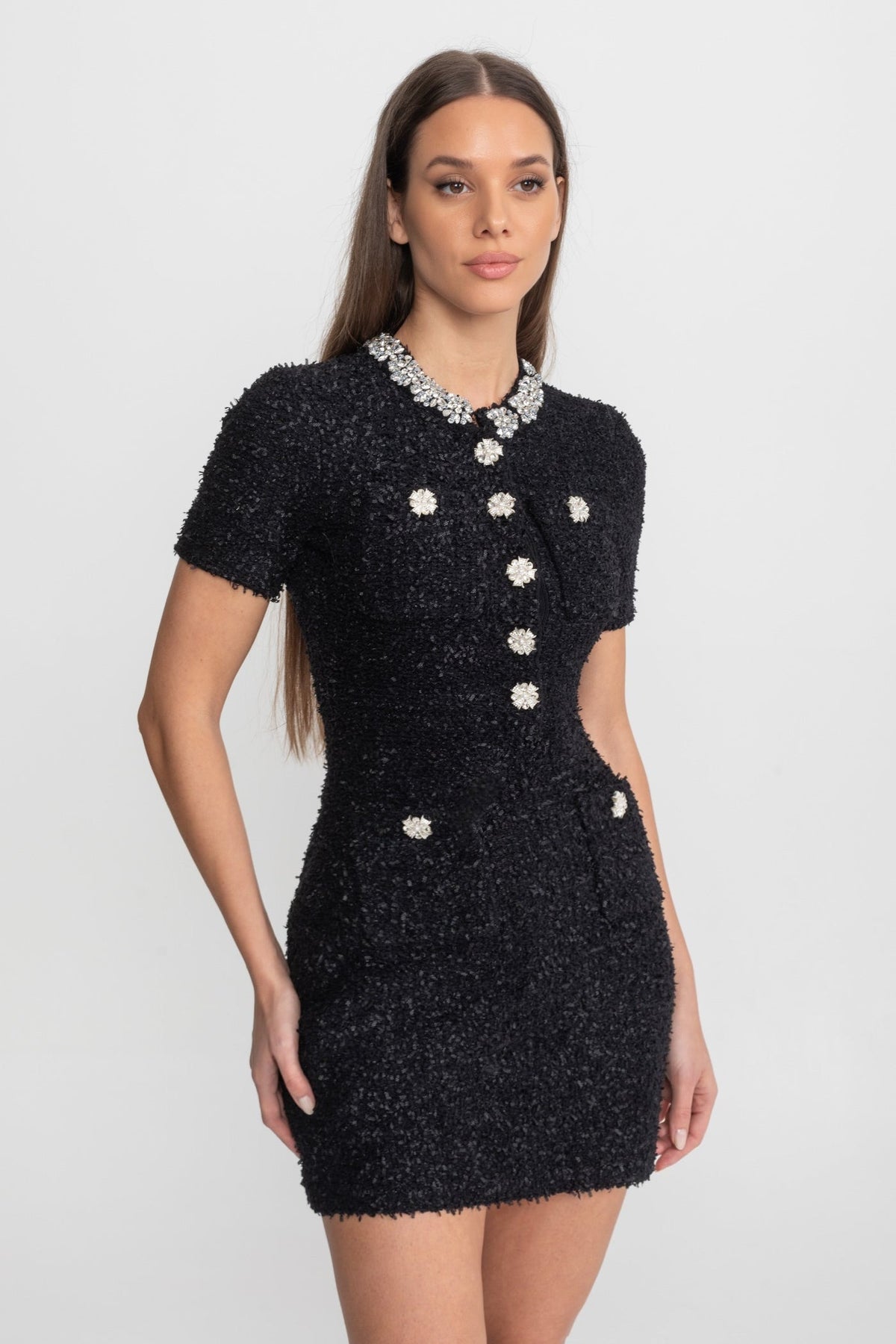 Tweed Short Sleeve Fitted Mini Dress with Crystal Buttons – Black – view 1