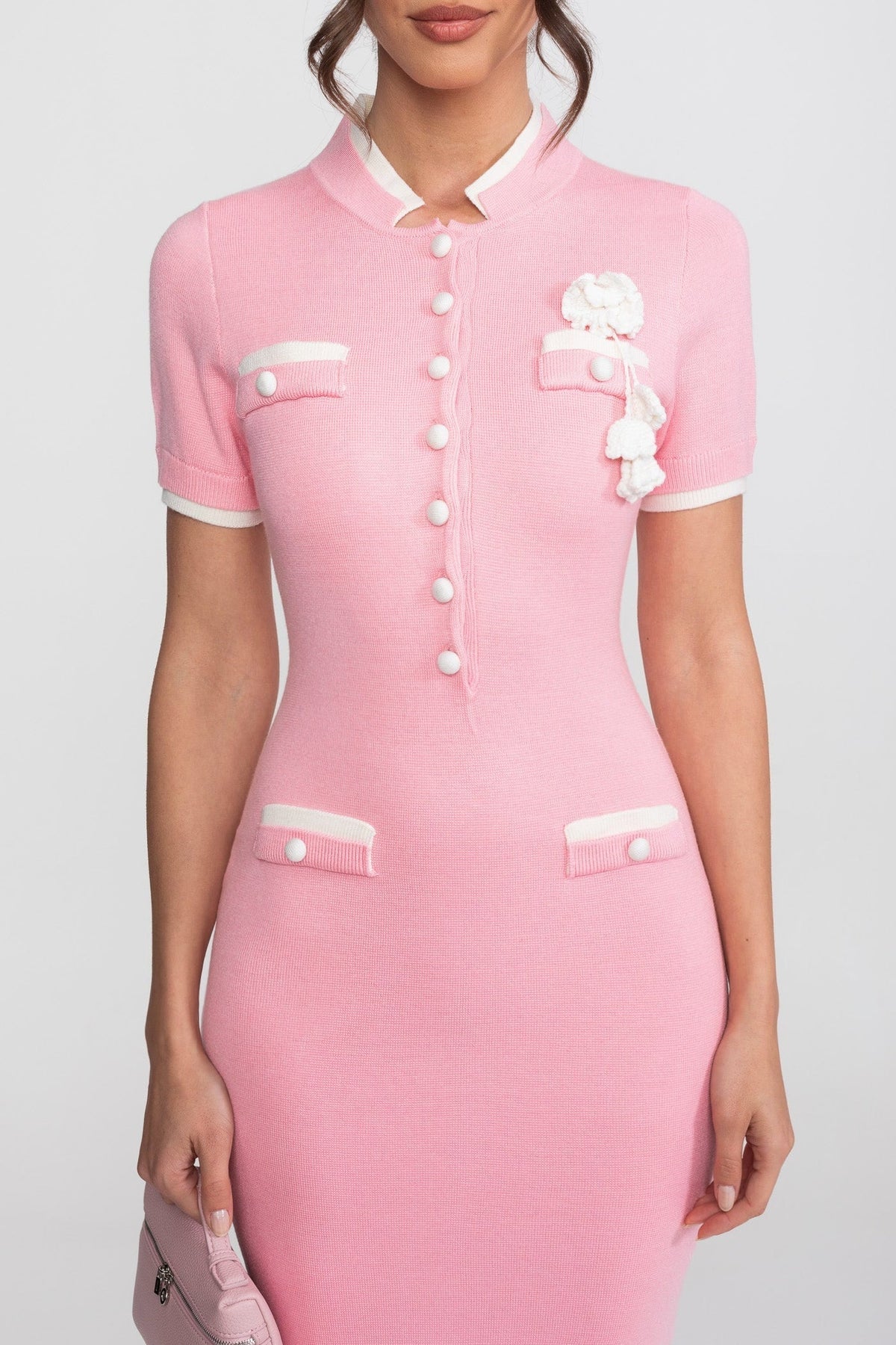 Fine Rib Knit Button-Through Midi Dress with Contrast Trim and Pockets – Pink – view 5