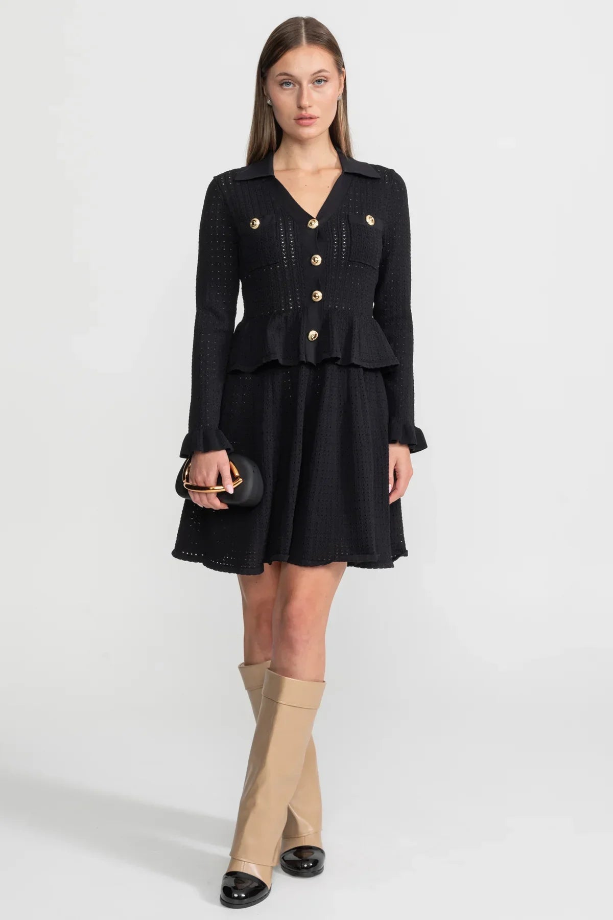 Collared Knit Mini Dress with Peplum Waist and Gold Buttons – Black – view 3