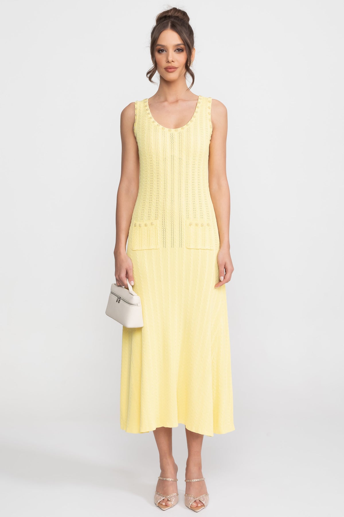 Ribbed Knit Midi Dress and Cropped Cardigan Set with Pearl Buttons – Yellow – view 3