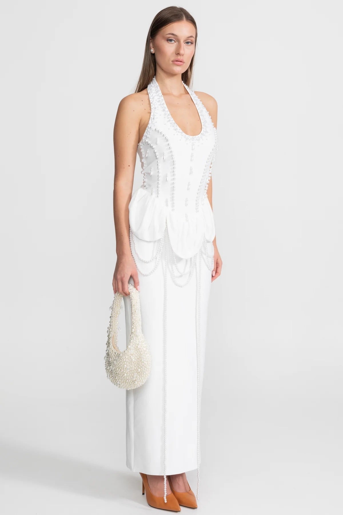 Satin Halter Gown with Pearl Embellishment and Gathered Peplum – White – view 4