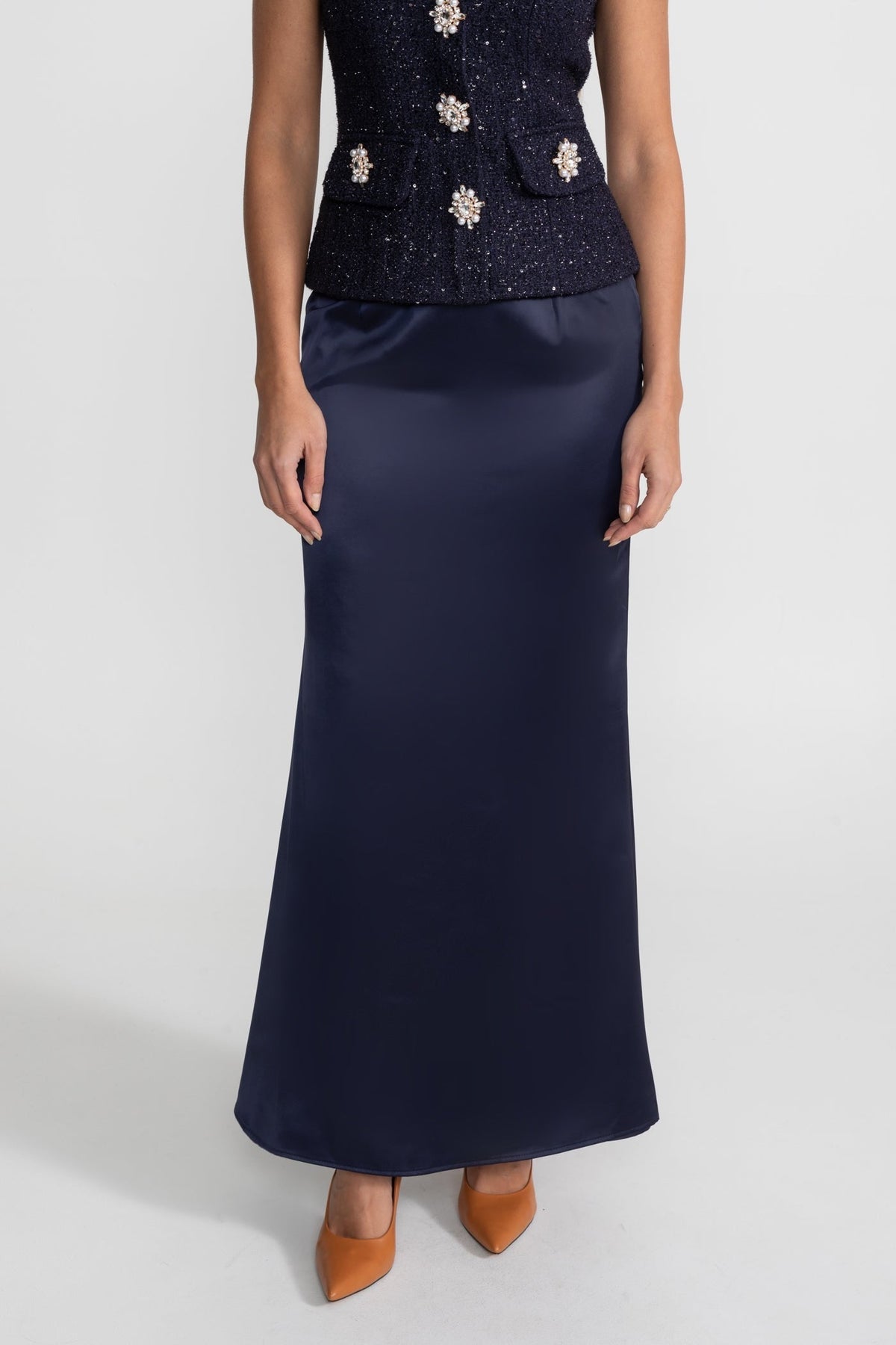 Embellished Tweed Top and Satin Maxi Skirt Co-ord Set – Navy