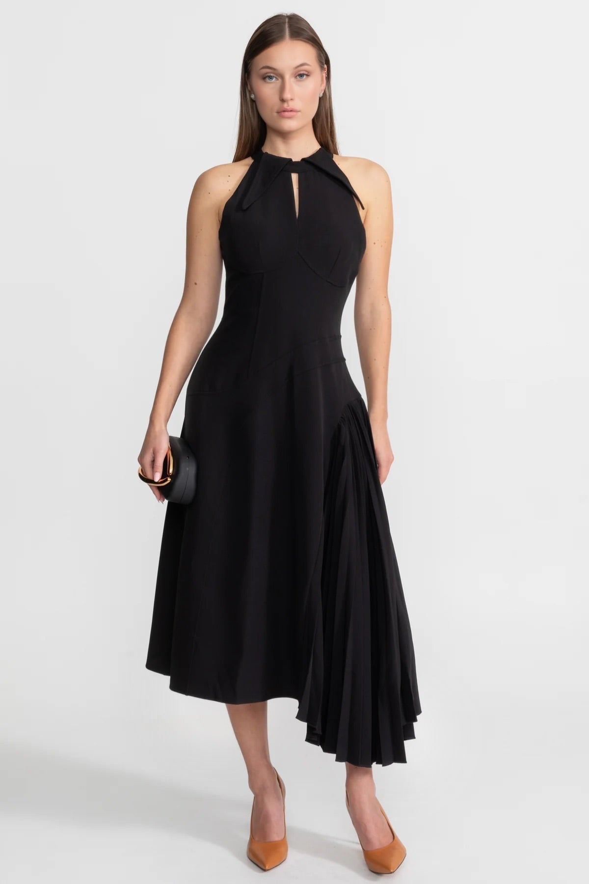 Halter Neck Keyhole Midi Dress with Side Pleated Panel – Black – view 1