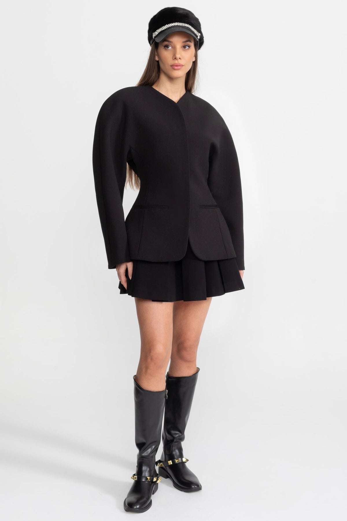 Collarless Minimalist Tailored Blazer with Single Closure – Black – view 2