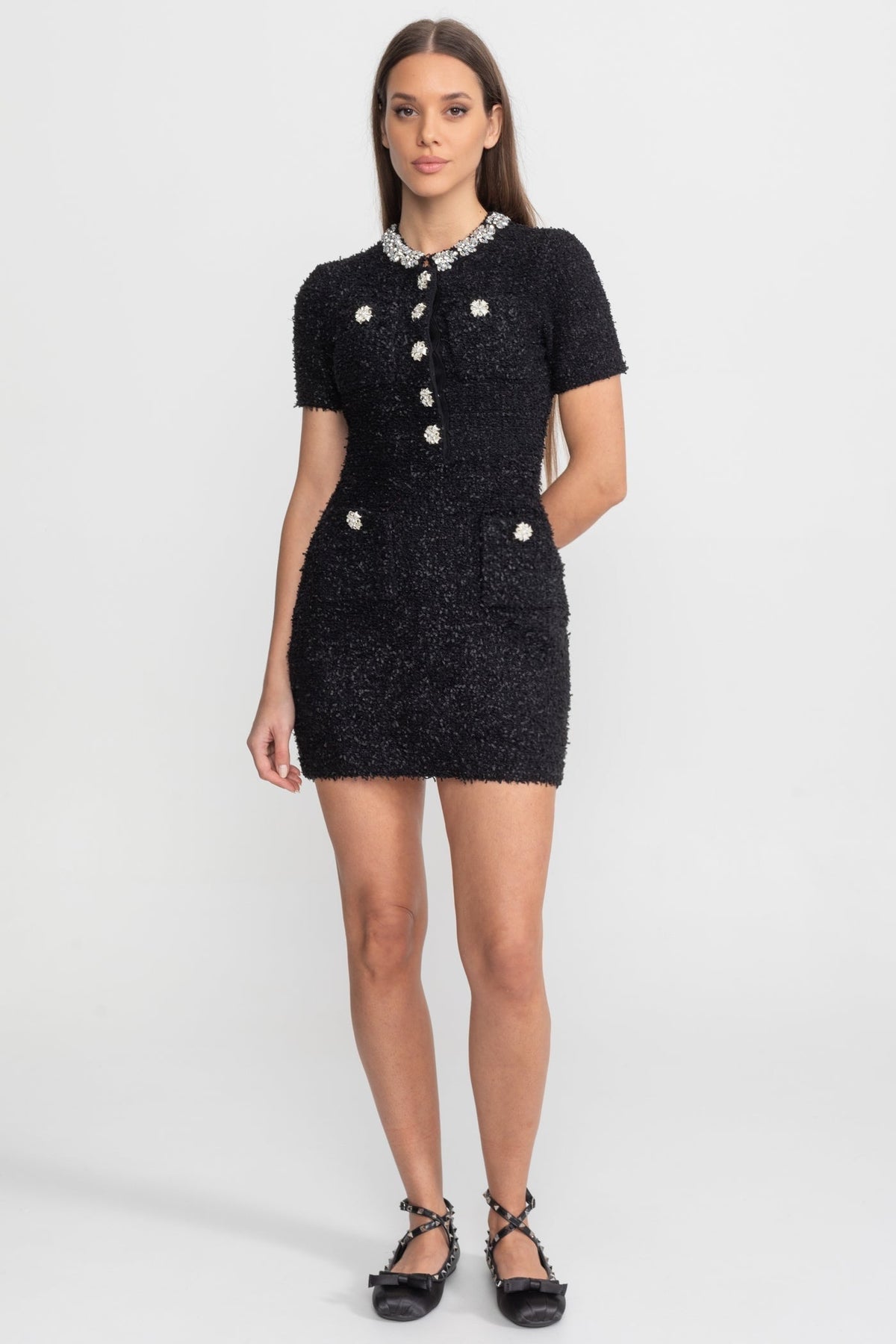 Tweed Short Sleeve Fitted Mini Dress with Crystal Buttons – Black