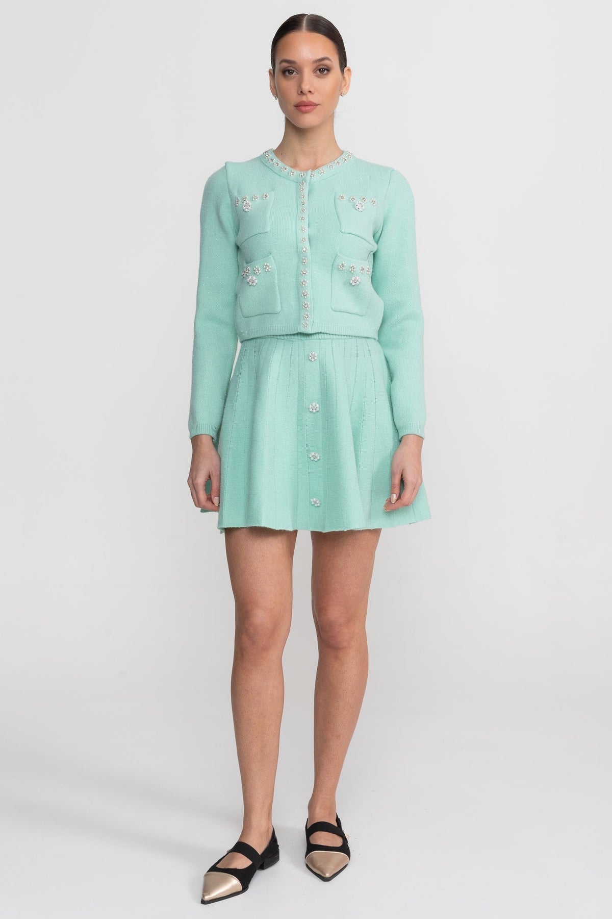 Crystal Embellished Knit Cardigan and Pleated Mini Skirt Set – Teal