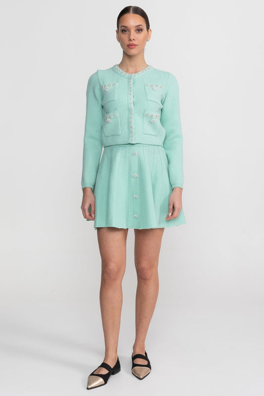 Crystal Embellished Knit Cardigan and Pleated Mini Skirt Set – Teal
