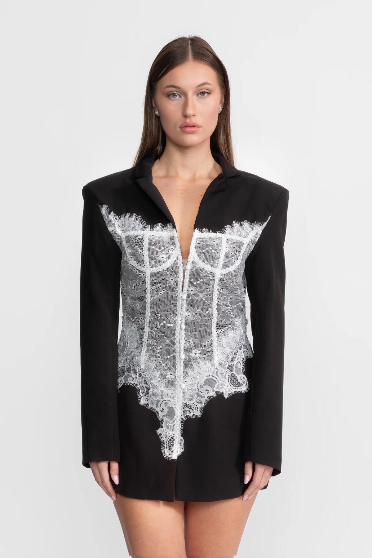 Lace Corset Blazer Dress with Deep V-Neckline and Padded Shoulders – Black
