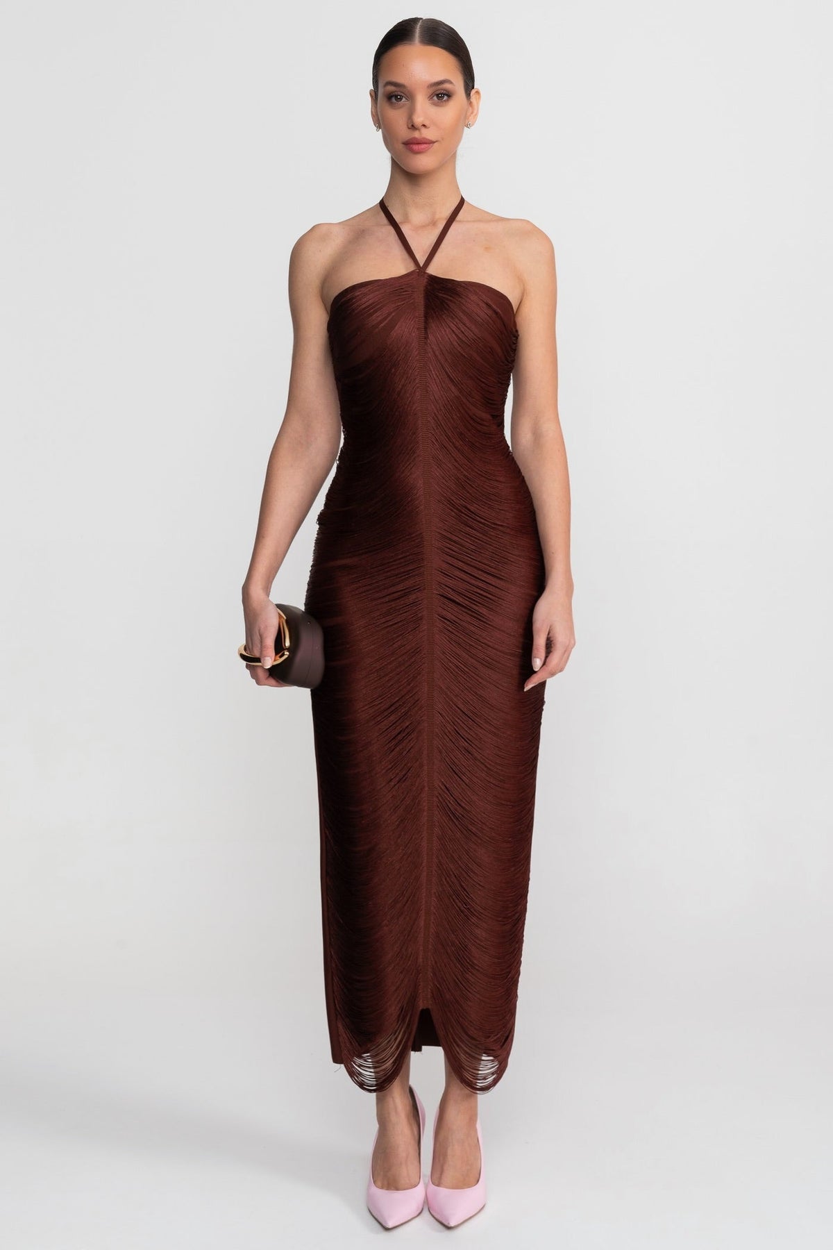 Pleated Halter Neck Body-Contouring Dress with Front Slit – Brown – view 1