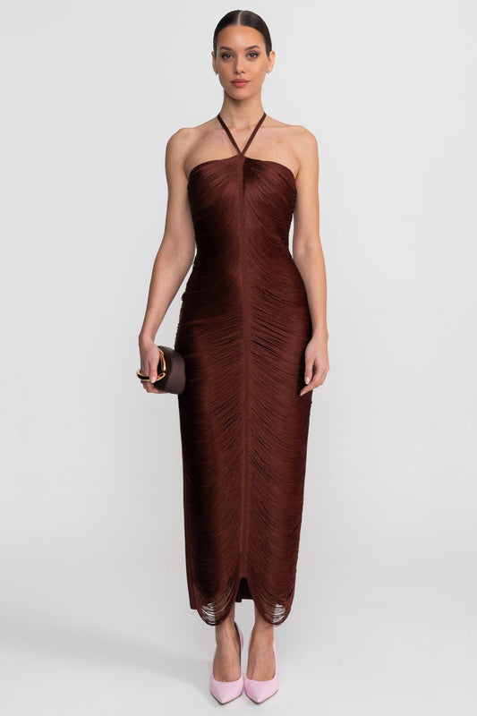 Pleated Halter Neck Body-Contouring Dress with Front Slit – Brown