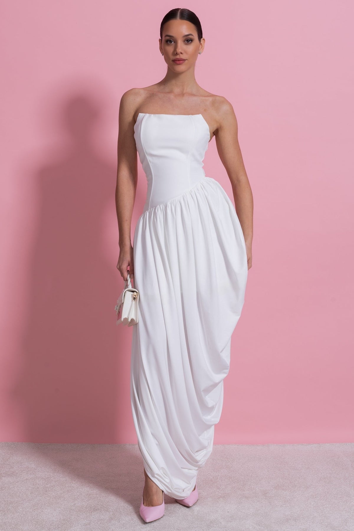 Strapless Maxi Dress with Asymmetric Waist and Cascading Draped Skirt – White – view 6