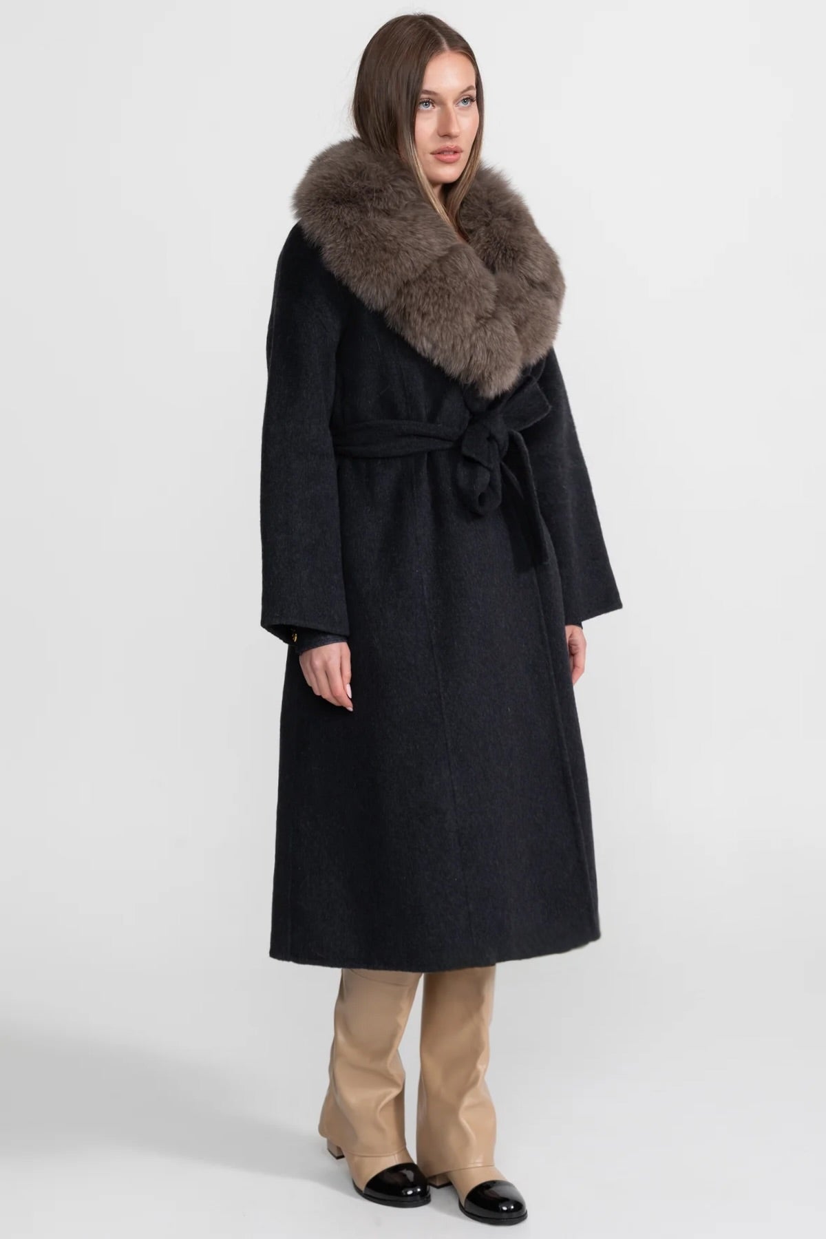 Double-Faced Wool Wrap Coat with Collar Trim and Tie Belt – Black/Brown – view 2