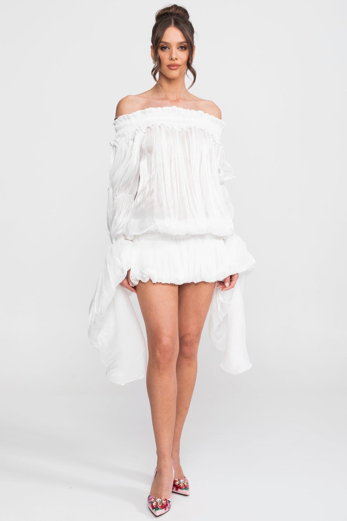 Off-Shoulder Corset Bodice Ruffle Mini Dress with Draped Sleeves – White – view 4