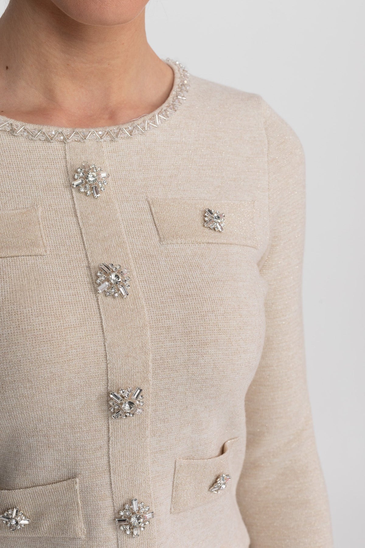 Embellished Cropped Knit Cardigan and Wide Leg Trousers Set – Beige – view 5