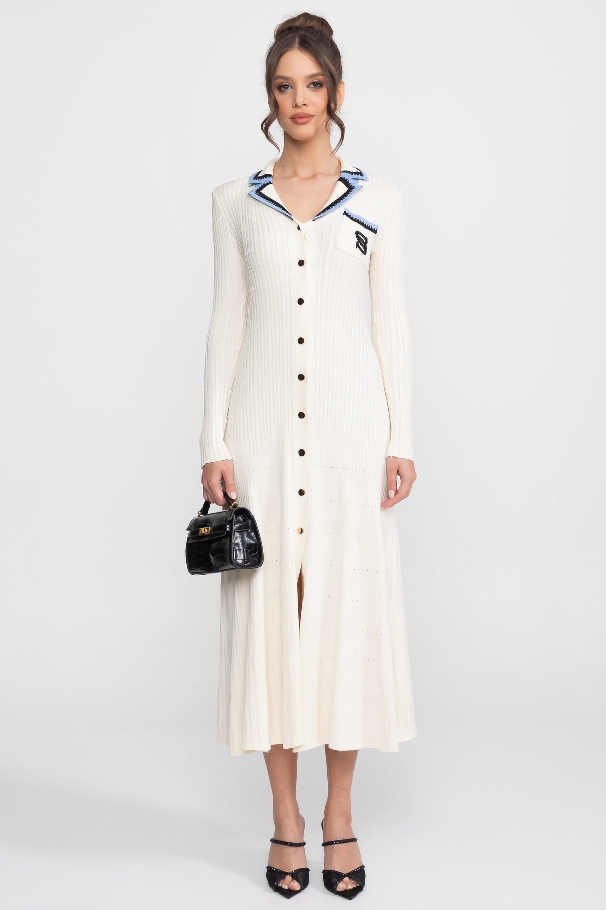 Ribbed Knit Polo Collar Long Sleeve Midi Dress with Monogram Pocket – Ivory – view 1