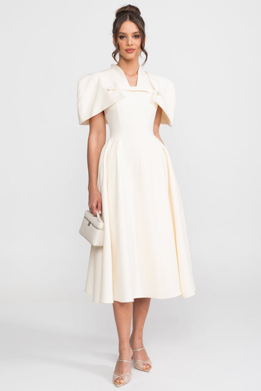 Structured Cape Shoulder V-Neck A-Line Midi Dress – Cream
