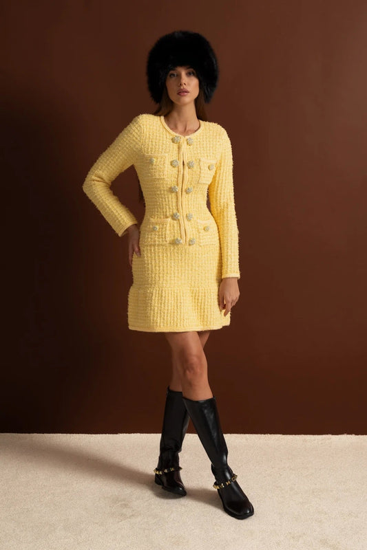 Long Sleeve Tweed Knit Dress with Jewel Buttons and Pockets – Yellow