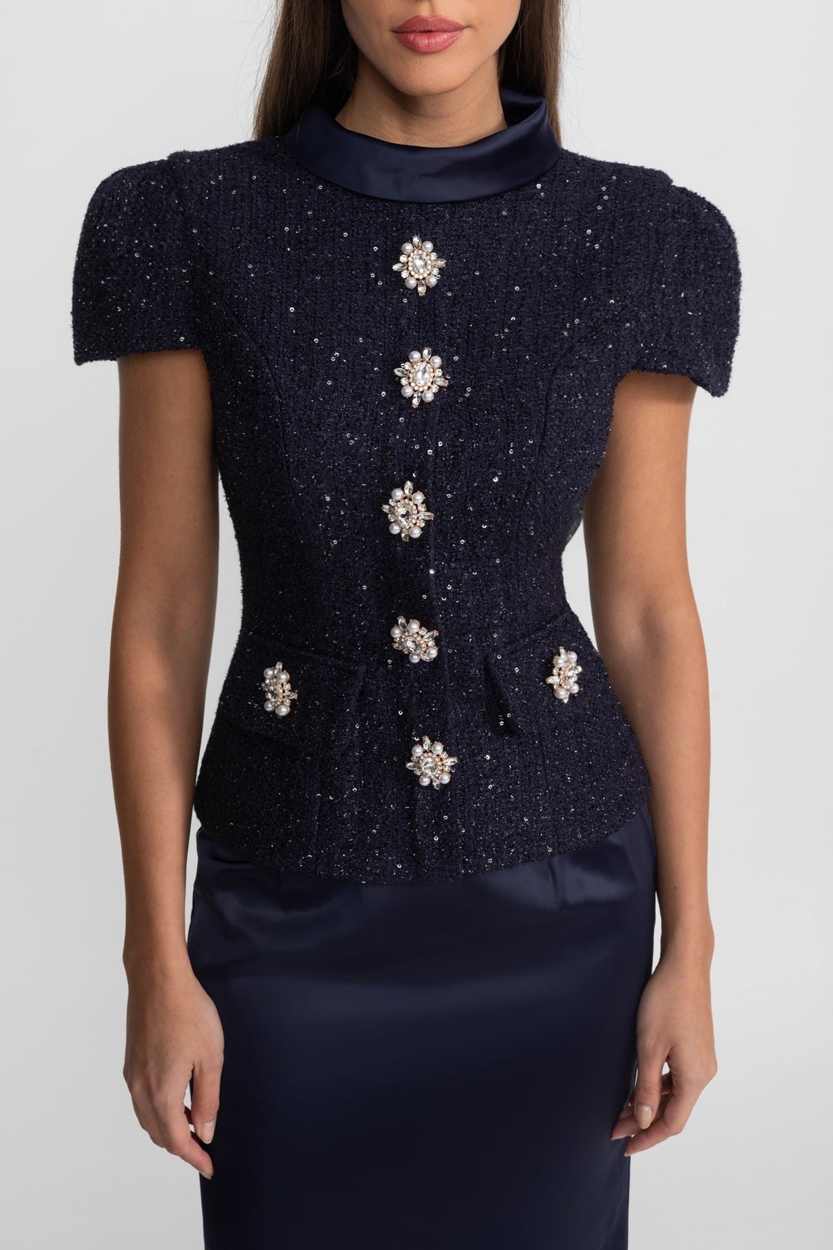 Embellished Tweed Top and Satin Maxi Skirt Co-ord Set – Navy – view 5