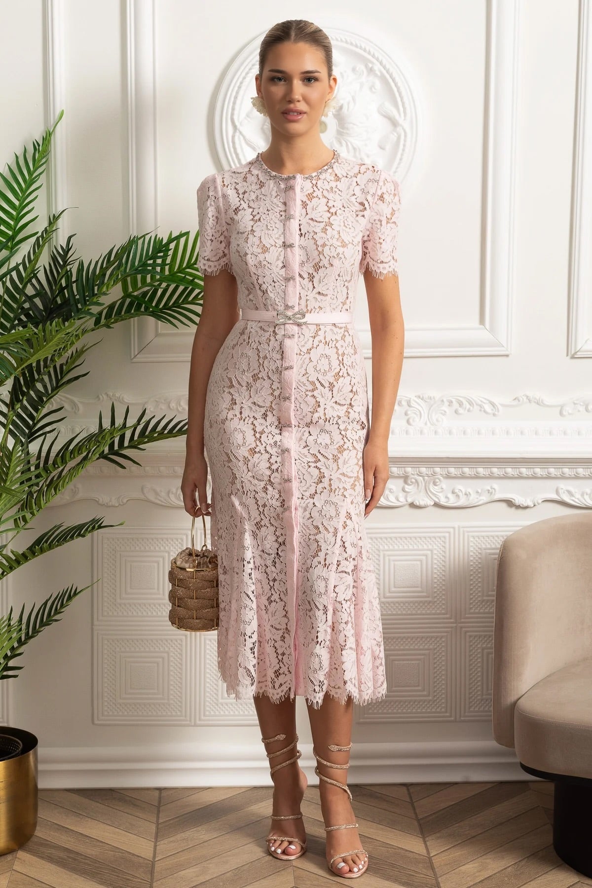 Floral Lace Midi Dress with Button Front and Scalloped Hem – Blush Pink – view 1