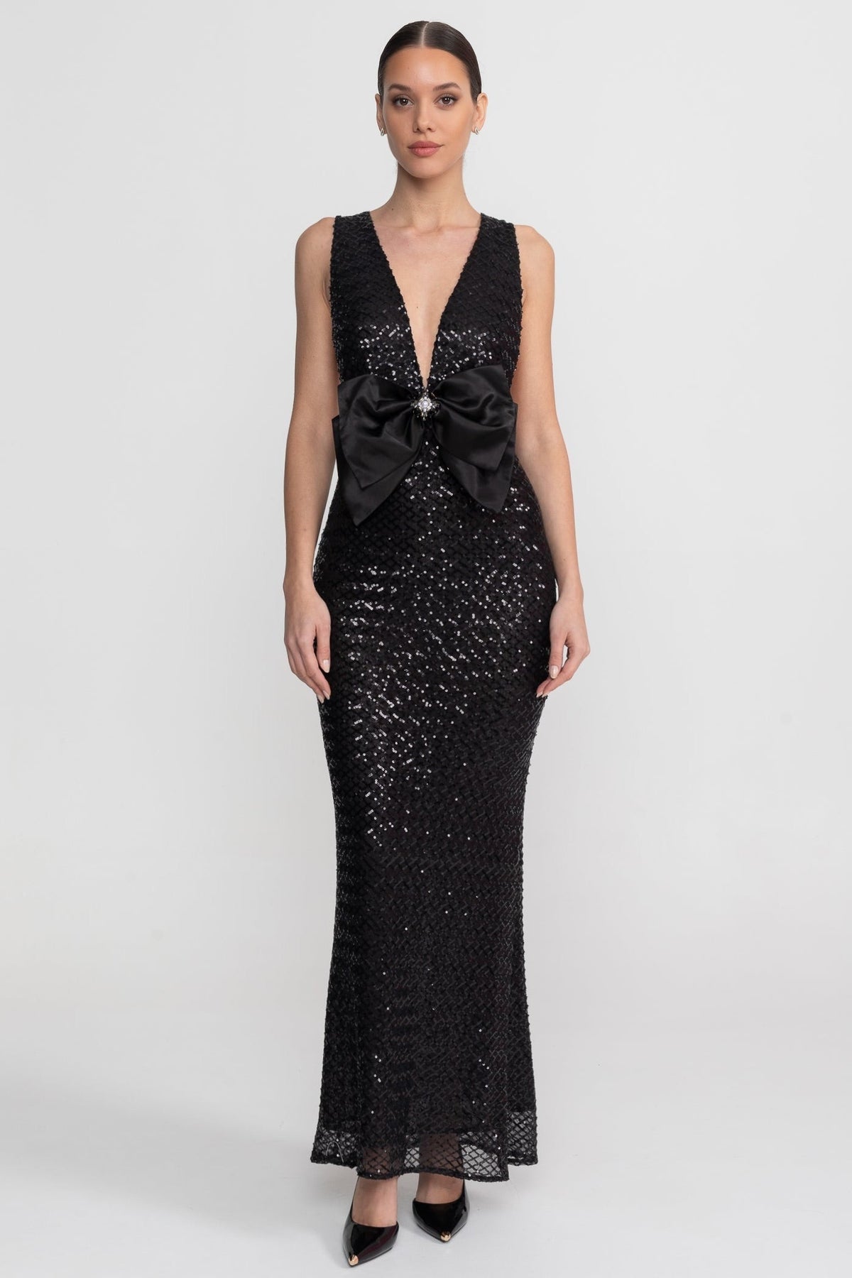 Sequin Plunge V-Neck Maxi Dress with Satin Bow Waist – Black – view 1