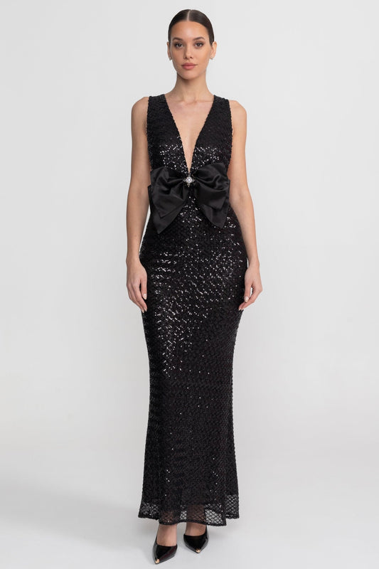 Sequin Plunge V-Neck Maxi Dress with Satin Bow Waist – Black