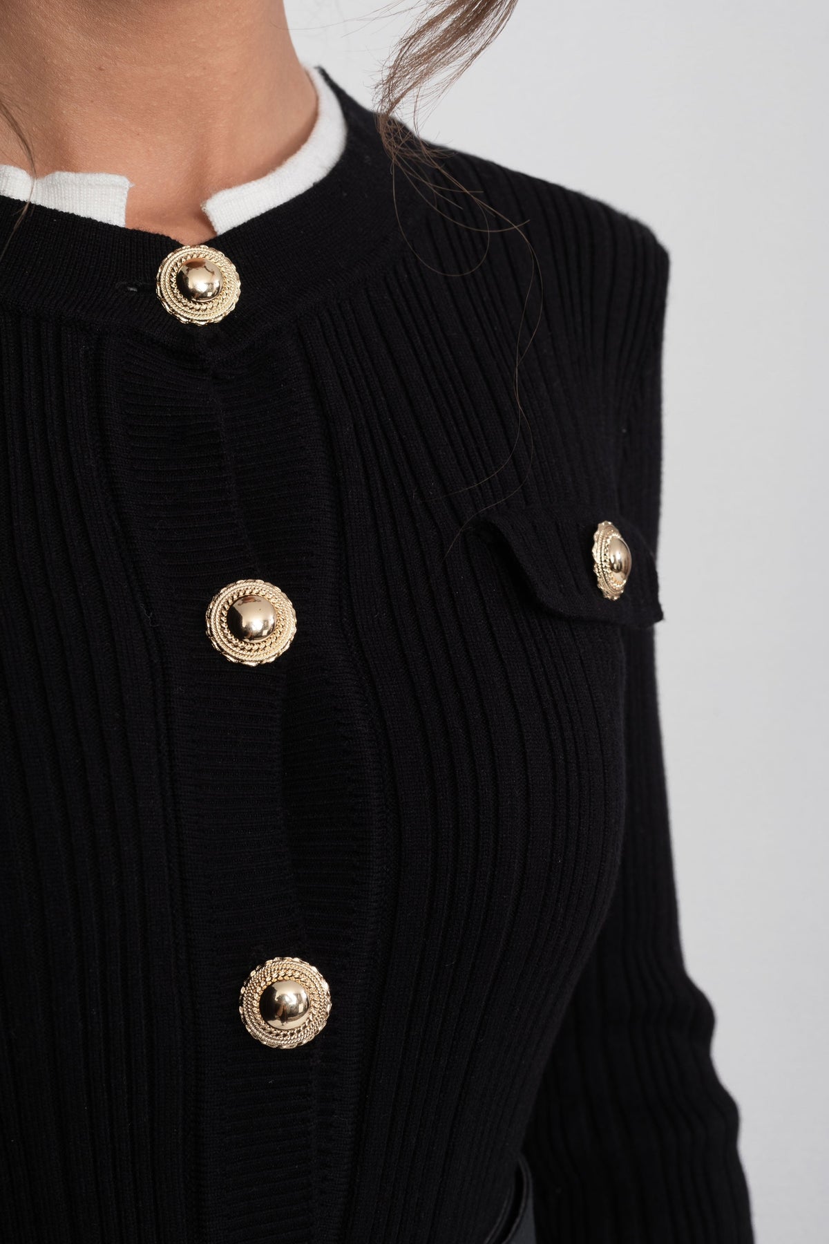 Long Sleeve Ribbed Knit Midi Dress with Contrast Collar and Ruffle Cuffs – Black – view 3