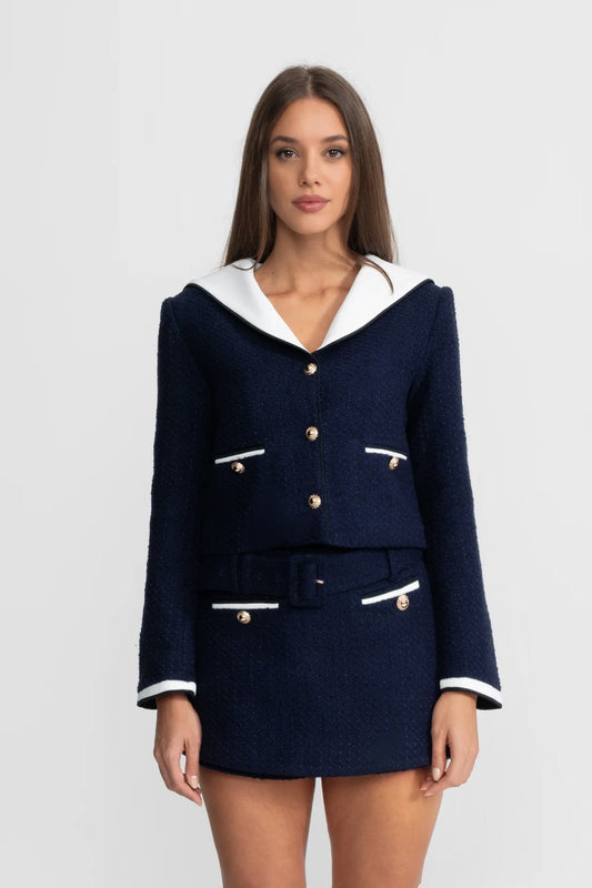 Tweed Cropped Jacket with White Contrast Collar – Navy