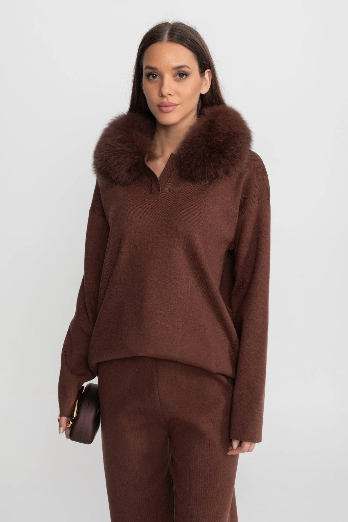 Knit Lounge Top and Straight Leg Trousers Set – Brown – view 3