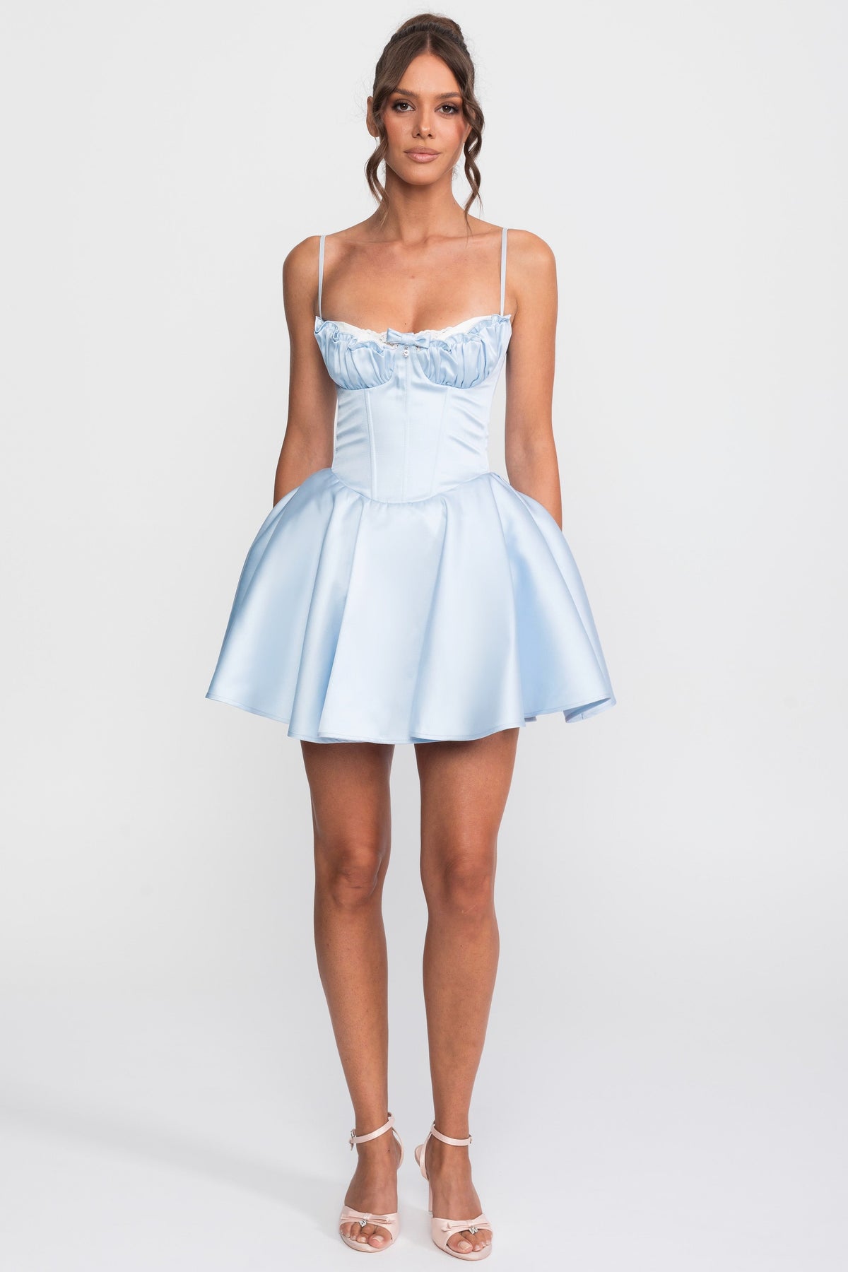 Satin Sweetheart Fit-and-Flare Mini Dress with Lace Trim – Blue – view 2