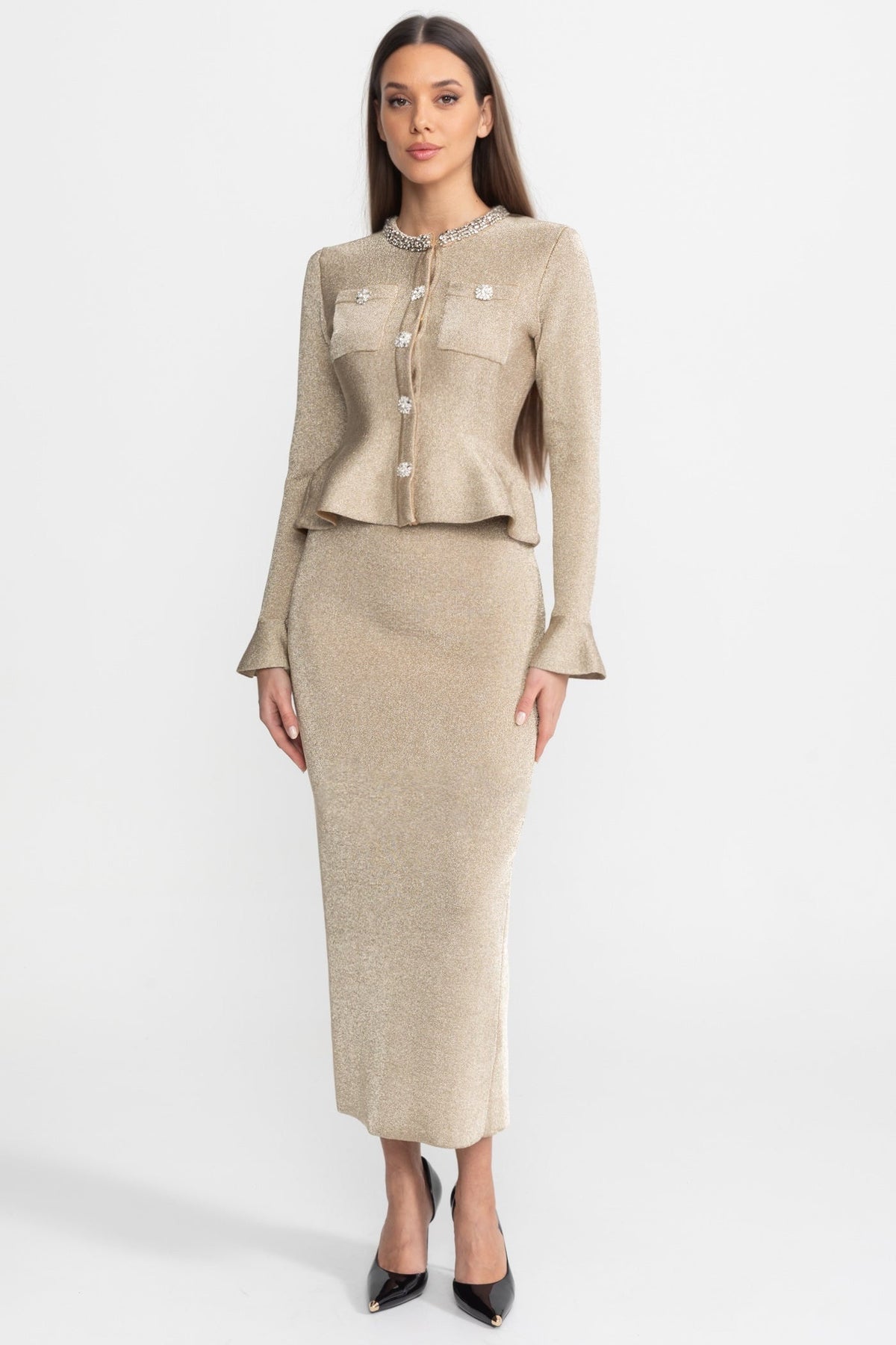 Shimmer Knit Midi Dress with Crystal Buttons and Flared Cuffs – Champagne
