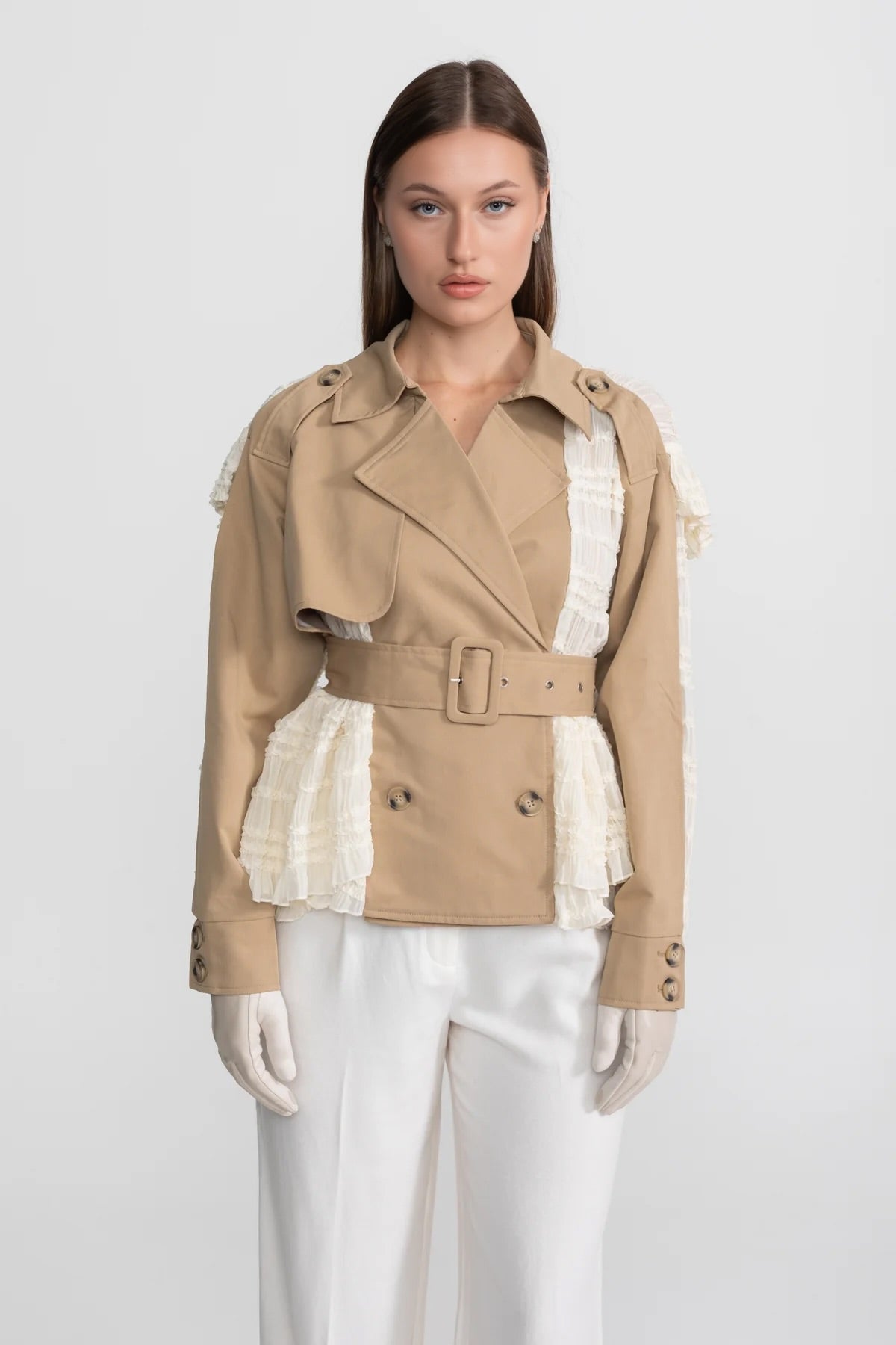Double-Breasted Lace Panel Trench Jacket with Buckled Belt – Beige