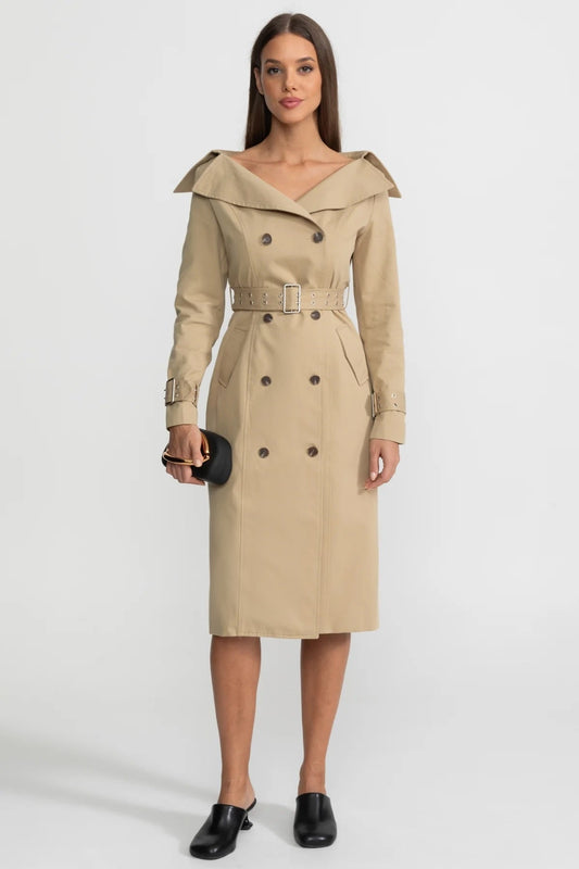 Off-Shoulder Double-Breasted Belted Trench Midi Dress – Brown