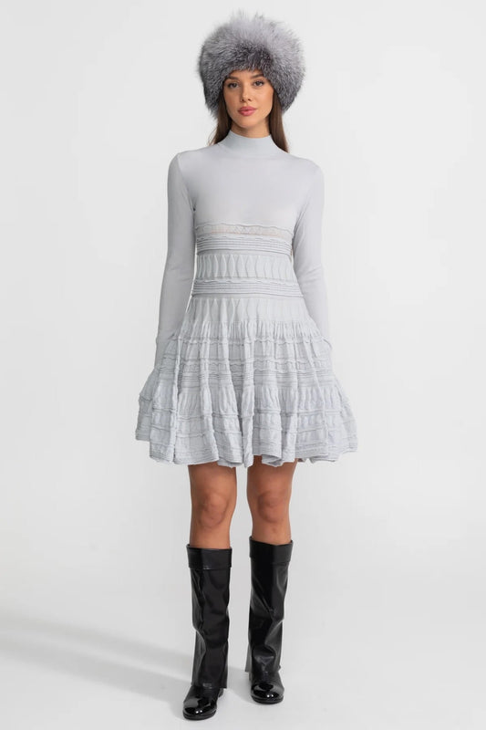 Textured Knit Mini Dress with Tiered Flared Skirt – Light Grey