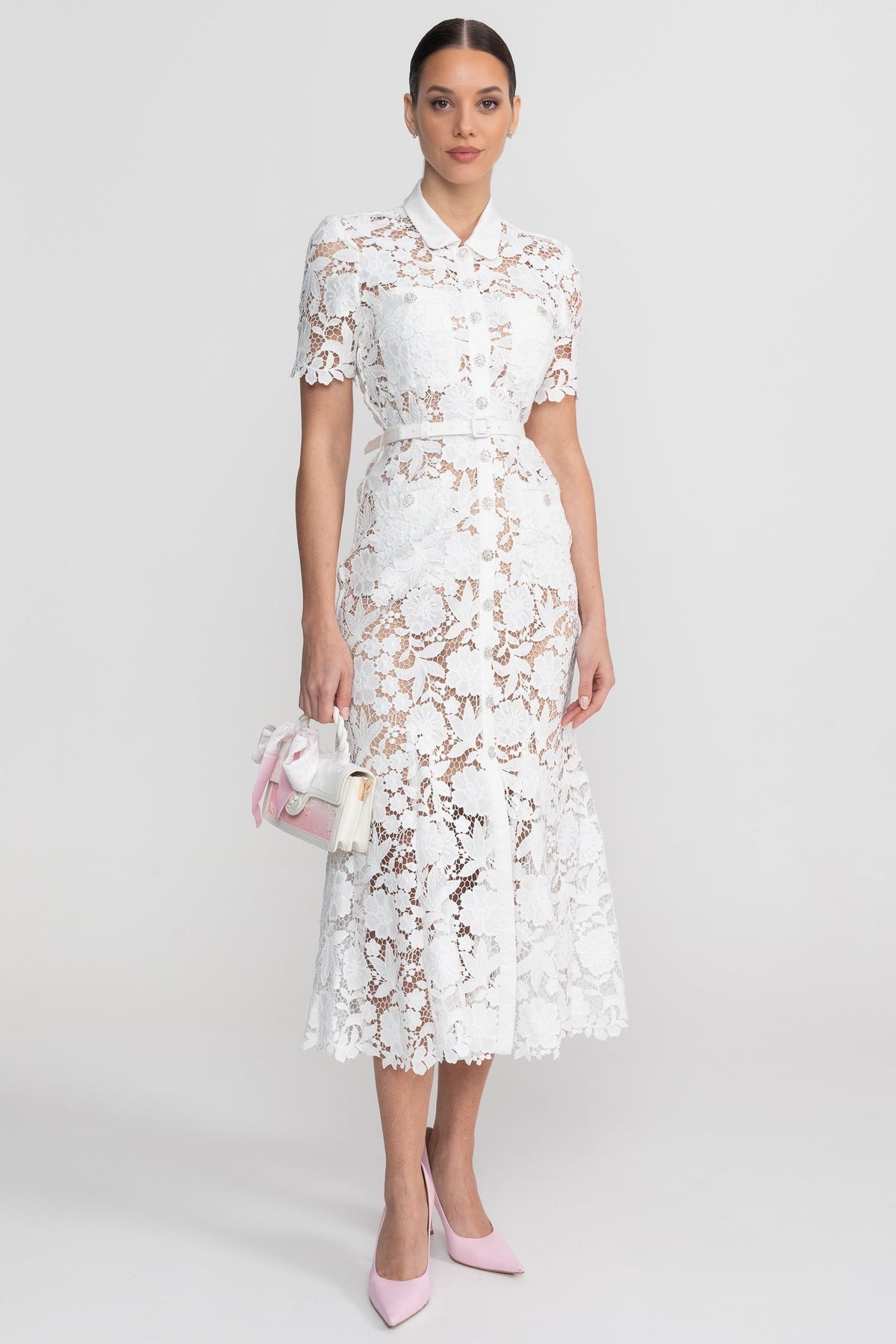 Lace Short Sleeve Collared Midi Dress with Belted Waist – White