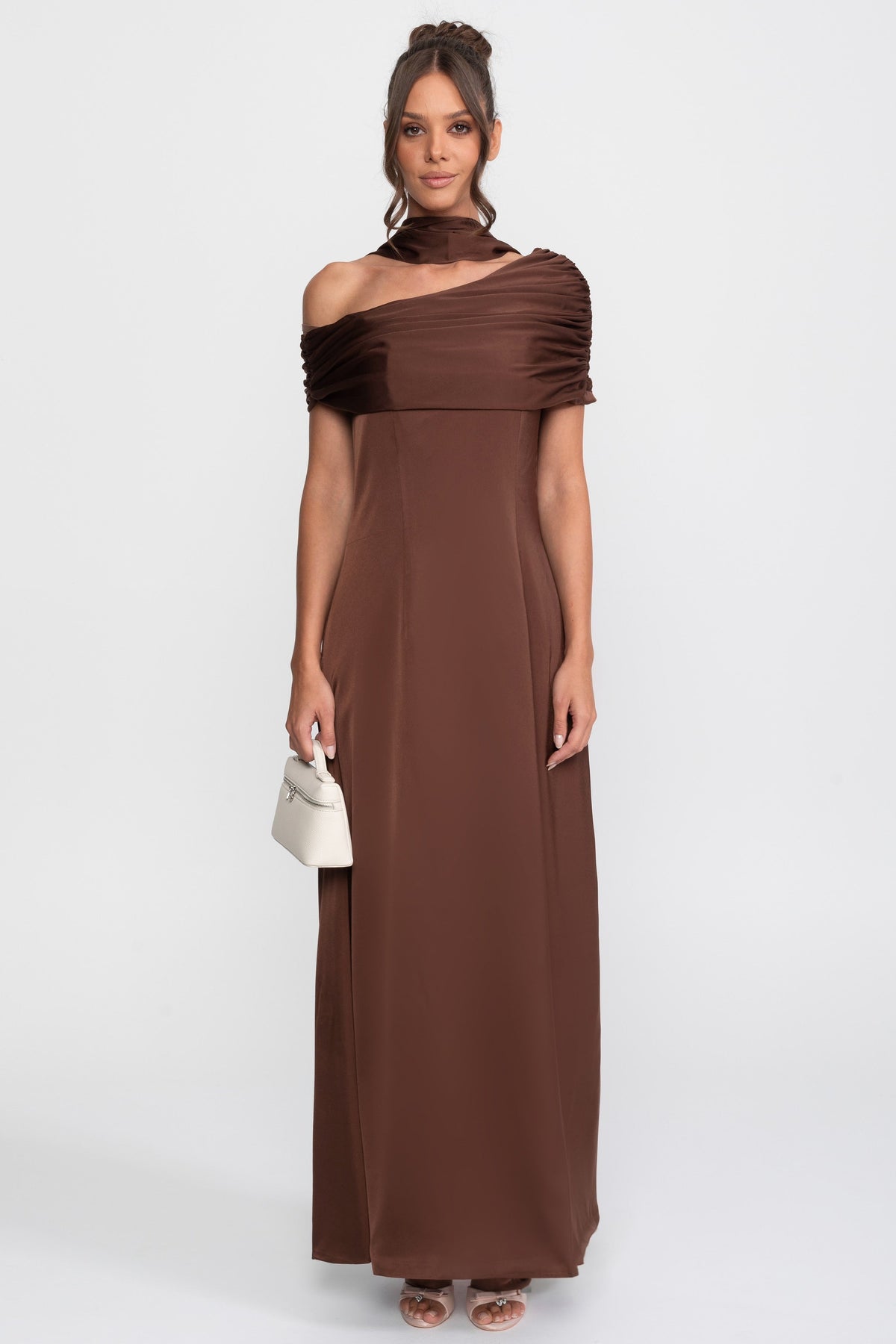 One-Shoulder Draped Satin Maxi Gown with Ruched Wrap Collar – Brown – view 1